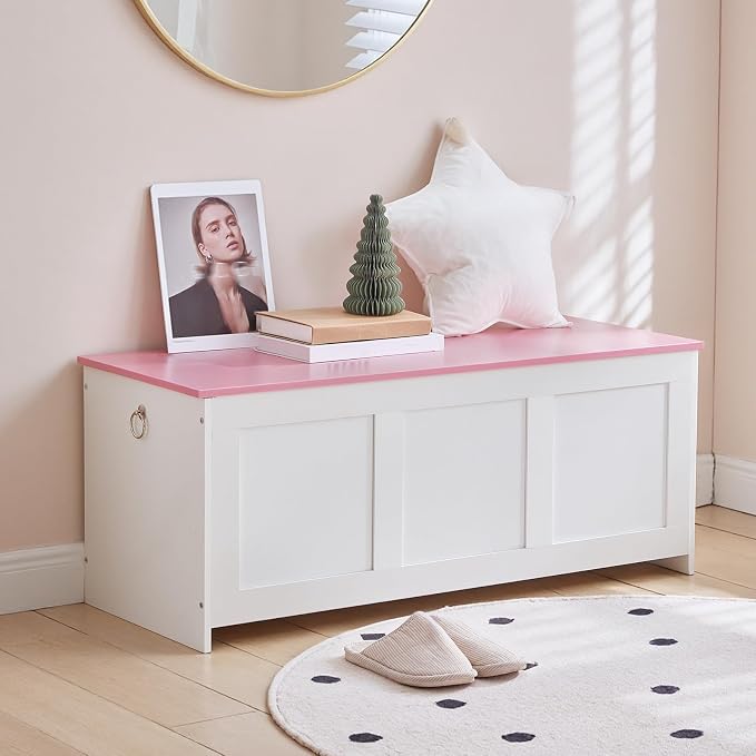 HOOBRO Storage Bench, 39.3" Retro Wooden Storage Chest, Wooden Storage Trunk, Toy Chest with Lift Top, Multifunctional Entryway Organizer, for Entryway, Living Room, White and Pink WK141CW01