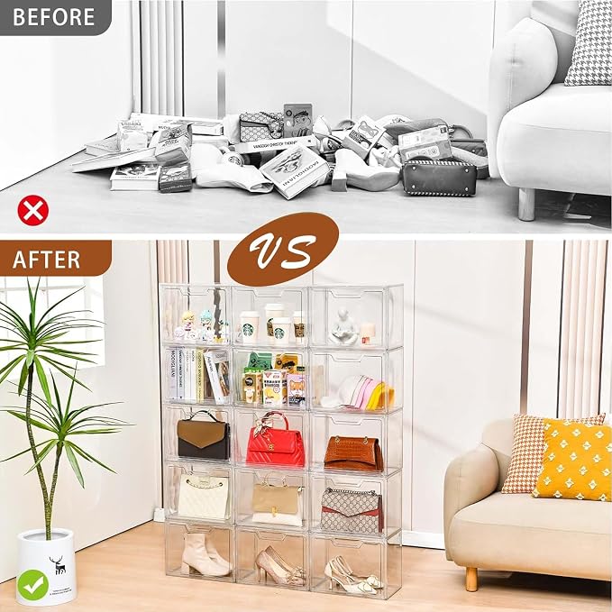 3 Pack Clear Storage Organizers with Lids, Storage Containers with Magnetic Door, Stackable Acrylic Display Case for Cosmetic, Multifunctional Storage Boxes for Dorm, Living Room, Bedroom Storage