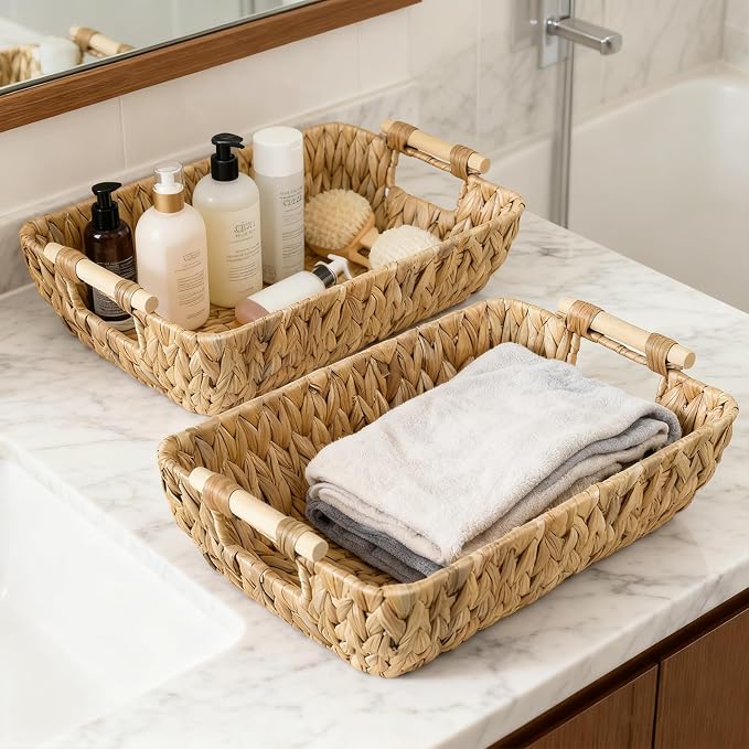 Wicker Baskets with Wooden Handles, Large Water Hyacinth Storage Baskets | 2 Pack, Natural Water Hyacinth Woven Basket for Organizing Shelves, Handwoven Gift Baskets Empty for Snack Display Home Decor