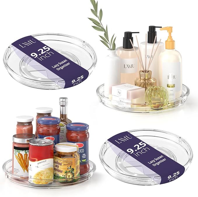 LAMU 4 Pack 9.25in Lazy Susan Organizer, Clear Lazy Susan Turntable for Cabinet, Refrigerator, Table Top, Kitchen, Bathroom, Pantry Organizers and Storage
