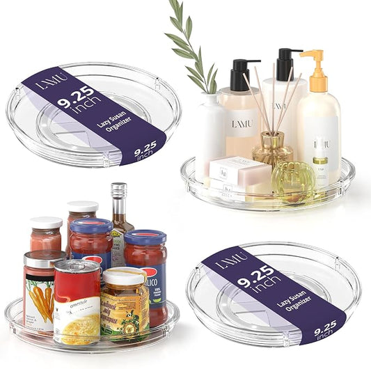LAMU 4 Pack 9.25in Lazy Susan Organizer, Clear Lazy Susan Turntable for Cabinet, Refrigerator, Table Top, Kitchen, Bathroom, Pantry Organizers and Storage