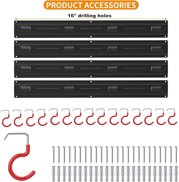 WALMANN All Metal 64 inch Wall Mount Garden Tool Organizer for Garage | Mop and Broom Holder, Yard Tool Storage Rack for Rake, Shovel, Spade, Mop, Broom(4 Rails, 16 Hooks)