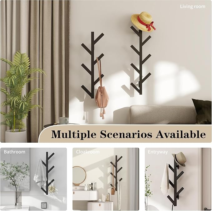 Vlush Wall Mounted Metal Coat Rack with 6 Hooks Modern Minimalist clothes rack, Upright Coat Rack for Hanging Clothes, Hats, Hanging Bags and Scarves Entrance Wall Iron Coat Racks (Black)