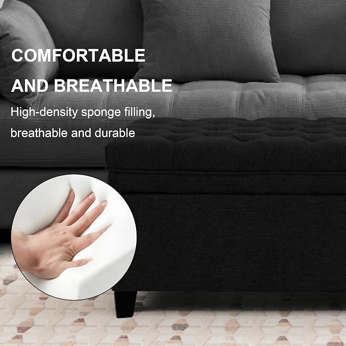 51" Storage Ottoman for Bedroom & Living Room, End of Bed Bench with Black Wooden Legs, Linen Upholstered Tufted Ottoman, Entryway Storage Bench, Black