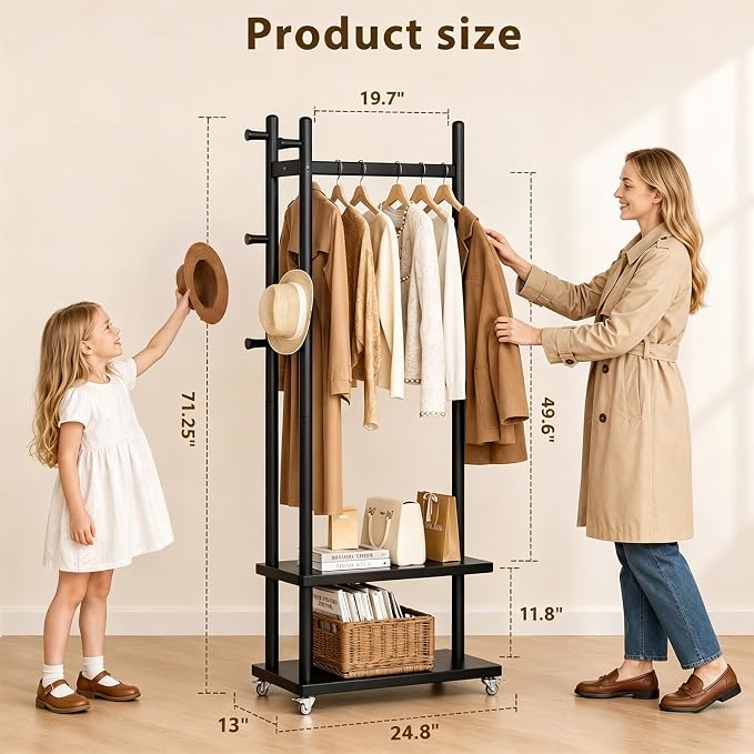 Taitiy Coat Rack Solid Wood Stand Storage 2 Shelves 4 Hooks Black | Entryway hallway bedroom living room, durable wood construction, freestanding design, coats hats bags garments