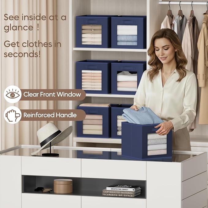 Storage Cube 11 Inch - Cube Storage Bins with Window, Closet Storage Baskets with Handle, Fabric Bins for Closet, Shelves, Toys, Clothes, Set of 10, Navy Blue