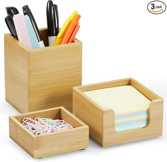 Desk Organizer Set of 3 - Bamboo Office Desk Accessories - Desk Organizers and Accessories for Women Men - Set incl. Pencil Pen Holder, Paperclip Storage and Sticky Note Holder