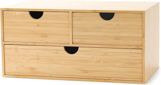 Bamboo Desk Organizer with Drawers, 3-Drawer Desktop Storage Box | 3 Drawers Open Top Tray Fully Assembled Stores Pens, Notes, Makeup, Jewelry & Toiletries for Office, Vanity & Bath