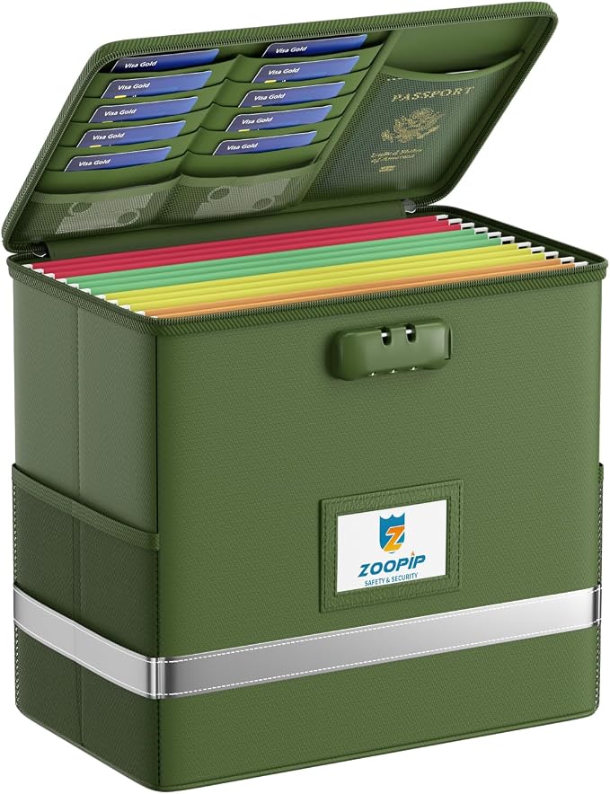 Fireproof File Box with Lock, Collapsible Document Organizer, Green | Suitable for Hanging Folders in Letter Size, Reflective Strip for Fast Find, Home Office Safe Protection,12.2"x6"x10.2"