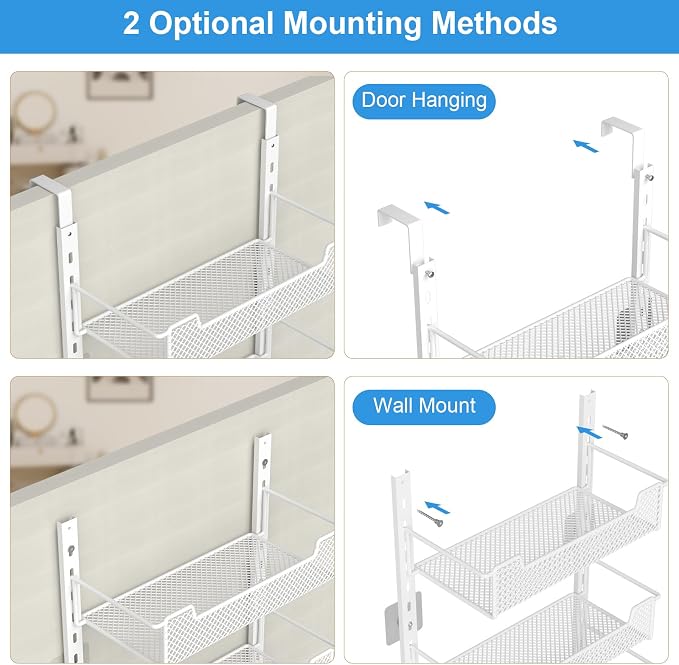 VyGrow 12.3" W Narrow Over the Door Pantry Organizer, 6-Tier Over the Door Organizer with Adjustable Basket, Pantry Door Organization for Pantry Kitchen Storage Room Spice Rack, White