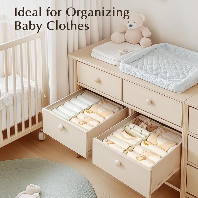 DIMJ Drawer Organizers for Clothing, Set of 8 Fabric Closet Organizers and Storage, Dresser Organizers, Drawer Dividers for Baby Clothes, Socks, Belt, Tie (Beige)