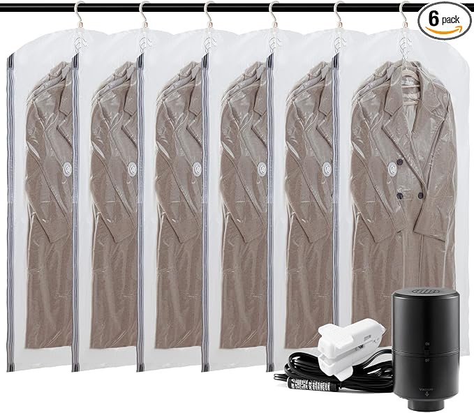 TAILI Hanging Vacuum Sealer Suction Space Saver Storage Bags for Clothes Travel with Electric Air Pump And Rolling Slide Clip for Coats, Closet Organizers, 6 Long