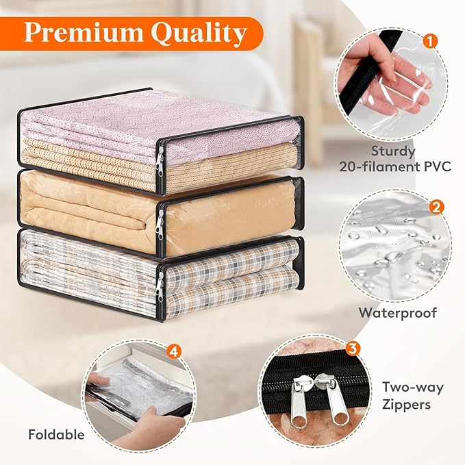 Lifewit 14L Clear Sheet Storage Bags with Zipper 6 Pack, Plastic Sweater Storage Bins for Clothing, Vinyl Foldable Clothes Containers Organizers for Closet, Blankets, Bedding 15.7 x 13.8 x 3.9 Inch