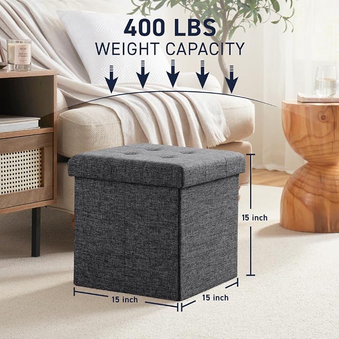 Ornavo Home 15 Inch Folding Storage Ottoman Cube, Tufted Linen, Dark Gray | Upholstered Cube with Lid; Foot Rest Stool; Ideal for Bedroom, Living Room or Entryway