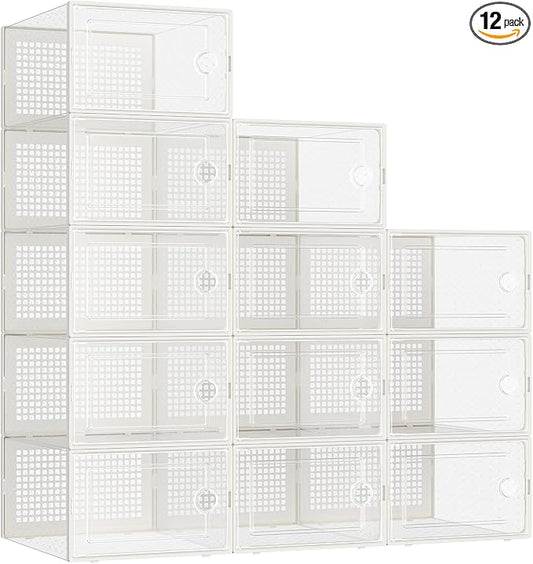 Kuject 12 Pack Large Shoe Boxes, Clear Stackable Containers with Lids,White | Shoe organizers for closet & entryway, under-bed,Drop-front design fits women's size 10