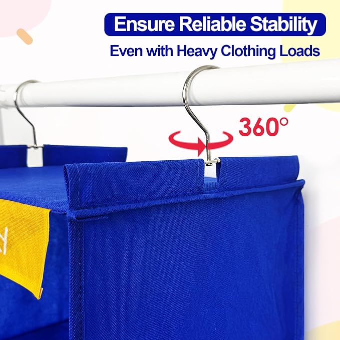 Weekly Clothes Organizer for Kids, 6-Shelf Hanging Closet Organizer with Colorful Labels, Space Saving Design with 2 Pockets, Daily Hanging Closet Shelves for Kids Room Storage, Blue