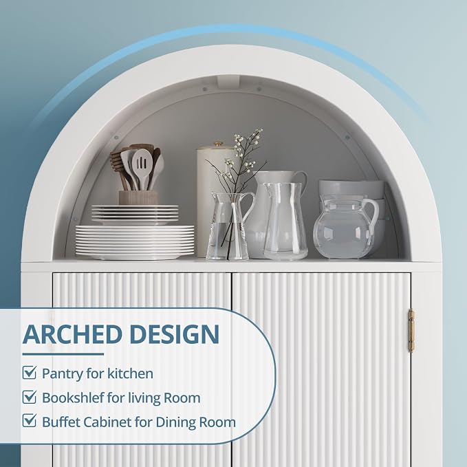 FURSUN 71" Tall Fluted Arched Cabinet Set of 2, Wood Pantry Storage Cabinet with 2 Large Drawers, Modern Versatile Bookcase for Living Room, Kitchen, Dining, White