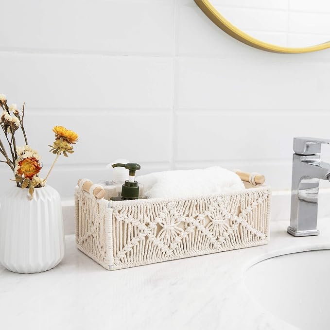 Mkono 2Pc Macrame Storage Baskets, Boho Bathroom Toilet Paper Holder, Ivory | Small Baskets for Organizing, Hand-Woven, Bohemian Beach Coastal Decor, Shelf Vanity Cabinet Bedroom Living Room Office Dorm