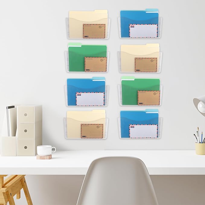 EASEPRES 8 Pack Clear Single Pocket Hanging File Organizer, Plastic Wall Mount Paper Mails Magazines Holder, Mounted Folder Bins for Office, School and Home, 13.85x3.14x6.88 inches
