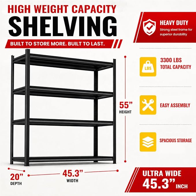 Garage Shelving, 3300 LBS Storage Shelves with Side Guard | 5-Tier Garage Storage Shelves,Adjustable Industrial Shelves with Thickened Double-Layer Posts for Garage 55×45.28×20in