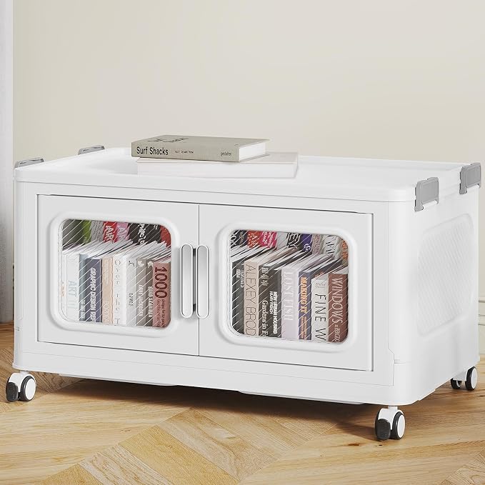 BROVIEW 50 Qt/12.5 Gal Stackable Storage Bins with Lids, 1 Pack, White | Small Stackable Storage Boxes w/ 1 Lid Folding Plastic Cart Organizer for Home Kitchen, Open Front Clear Door with Wheels