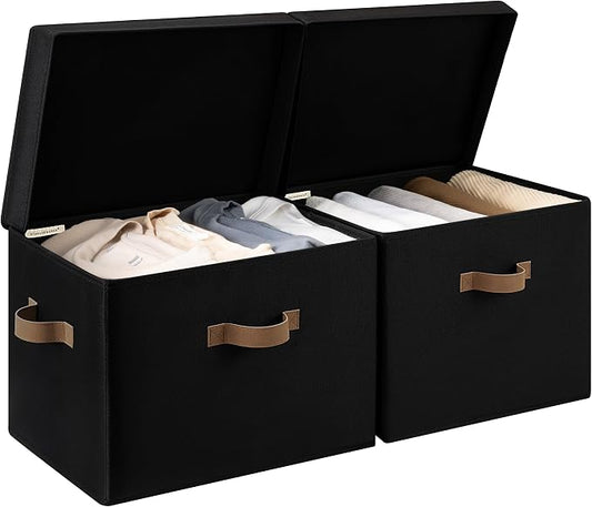 StorageWorks Fabric Storage Bins with Lids, Large Closet Storage Bins | Flip-Top Lid, 3 Handles, Collapsible, Stackable, for Clothes Blankets, Multi-Purpose, Jumbo, Black, 2-Pack