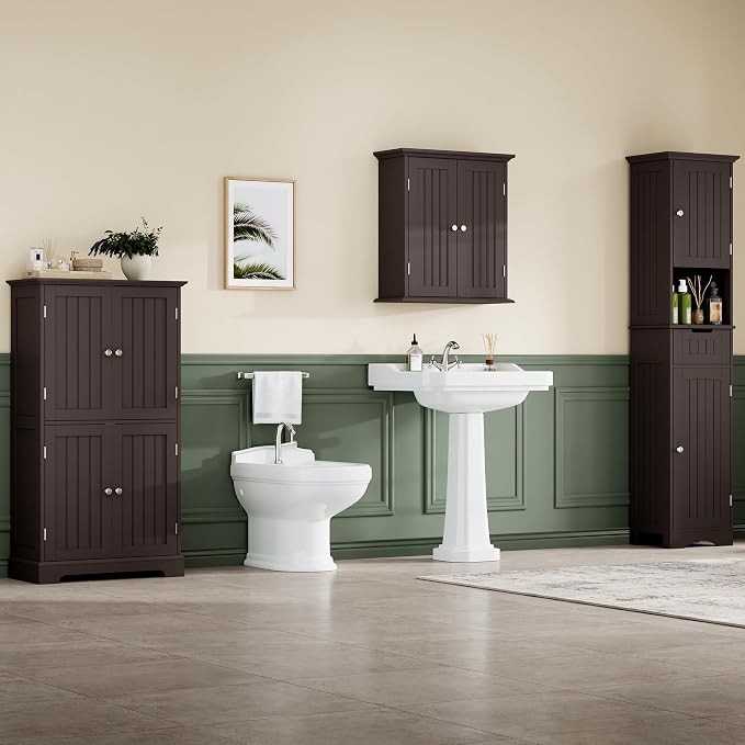 ChooChoo Bathroom Floor Cabinet with Adjustable Shelves | Bathroom Storage Cabinet, 4 Doors, Freestanding Cupboard for Living Room, Espresso