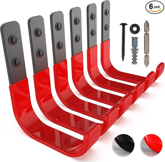 4 Inch Garage Hooks, 6 Pack Heavy Duty Wall Hooks for Hanging | Ladder Hooks for Garage Wall Mount, Steel J Utility Garden Hose Holder Tool Organizers and Storage | 55lbs