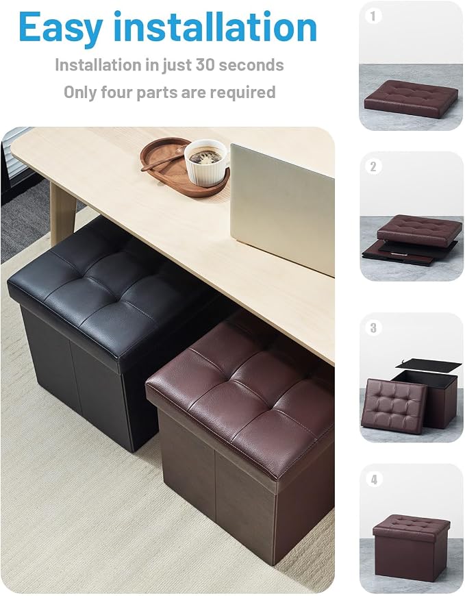 Bsketa Storage Ottoman Bench,17 Inch Folding Leather Foot Rest Stool, Brown | Small Ottoman with Side Pockets, Thicker Foam Padded Seat, Livingroom, Dorm, Bedroom, Easy to install, 43L,17x13x13in