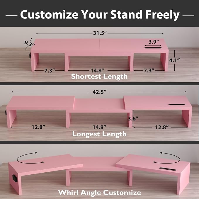BONTEC Dual Monitor Stand Riser, Adjustable Length & Swivel Angle, Pink | Ergonomic Wooden Desktop Organizer with Smartphone Holder, Computer Monitor Stand for PC, Laptop, Printer and Large Storage