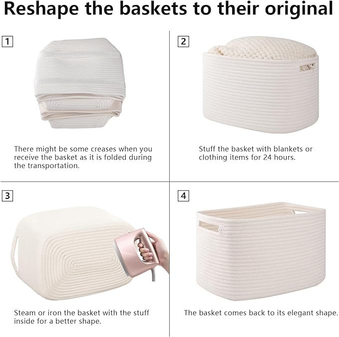 OIAHOMY 4 Pack Storage Baskets for Organizing, Cube Storage Bins for Shelves, Rectangle Storage Baskets With Handles, Woven Baskets for Storage, 16''Lx12''Wx8''H, White