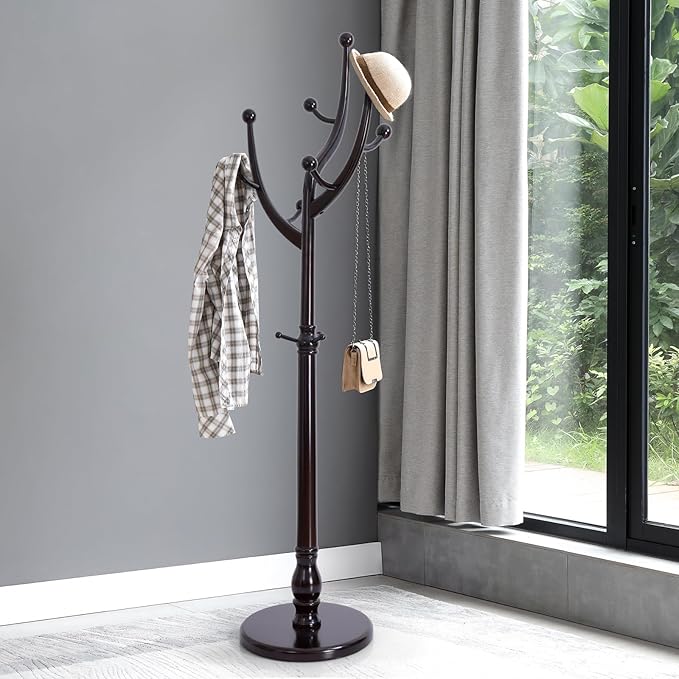 Bekrvio Tree Coat Rack Freestanding with Round Base, Red Brown | Unique Coat Hanger Stand, Heavy Duty Standing Coat Rack, For Jacket, Hat, Bags For Entryway / Hallway / Bedroom