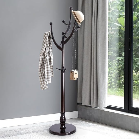 Bekrvio Tree Coat Rack Freestanding with Round Base, Red Brown | Unique Coat Hanger Stand, Heavy Duty Standing Coat Rack, For Jacket, Hat, Bags For Entryway / Hallway / Bedroom