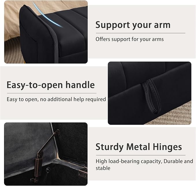 End of Bed Storage Bench, 51'' Velvet Storage Benches for Queen Size Bedroom Foot of Bed, Storage Ottoman Bench with Golden Legs and Pillow for Living Room Window Entryway, Black