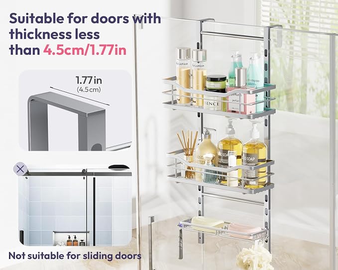 SWTYMIKI Over the Door Shower Caddy - 3 Tier Adjustable Shower Organizer Hanging with Soap Holder, No Drilling Stainless Steel Bathroom Rack Hanging for Body Wash, Shampoo, Soap, Razor, Silver