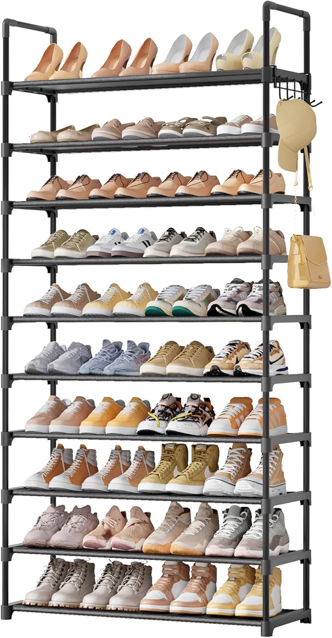 Kitsure 10 Tier Shoe Rack, Tall Shoe Organizer, 32.2" Wide, Black | Large-Capacity Shoe Storage with Hooks, Shoe Shelf for Closet, Entryway, Bedroom, Living Room, Zapateras Organizer
