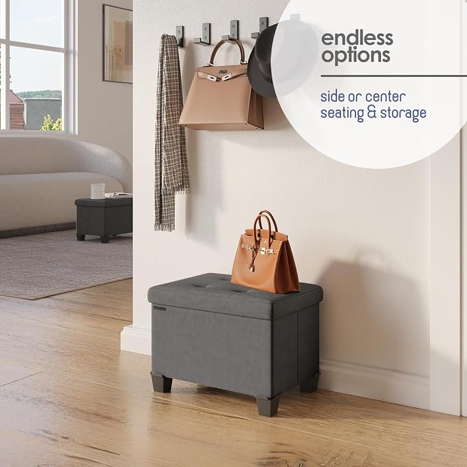 Storage Ottoman Cube with Small Bin, 16-in Square Ottoman with Storage for Living Room and Bedroom, Small Ottomans Foot Rest, Velvet Foot Stools Ottomans Max 330lbs, Grey