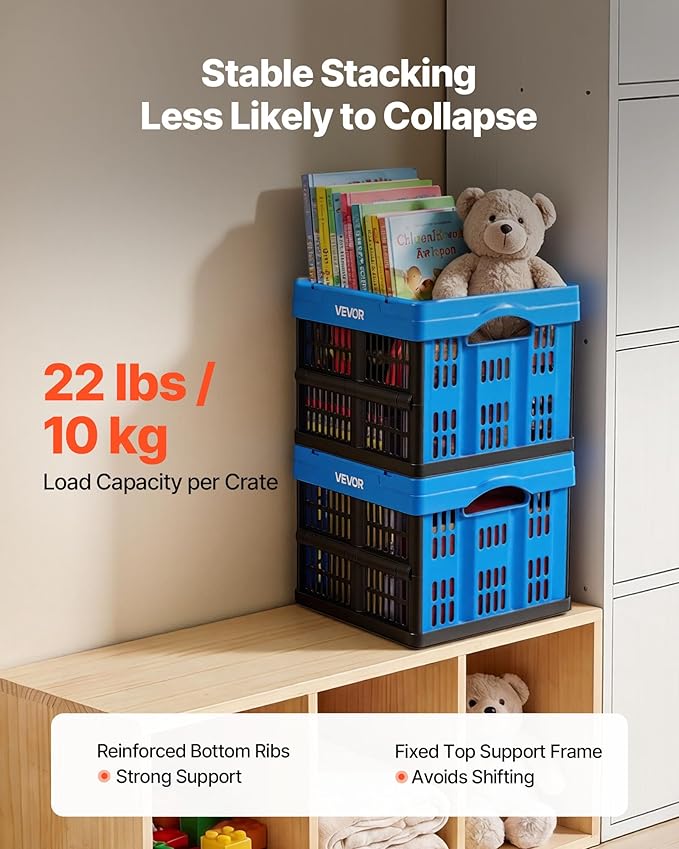 VEVOR Plastic Collapsible Storage Bins, 25L 3 Packs, Stackable Folding Storage Crates with Handles, Holds 22 lbs Per Bin, Foldable Heavy Duty Containers, Space-Saving Baskets, for Home Organizing