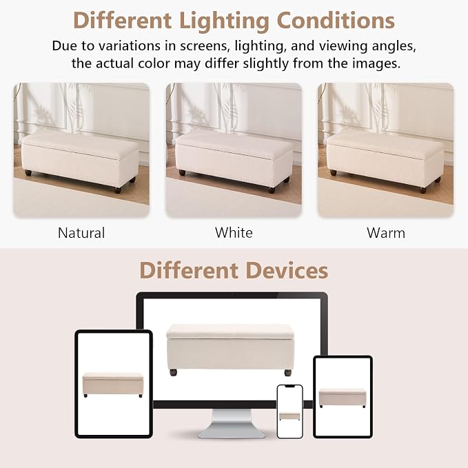 Boucle Storage Ottoman Bench, with Hidden Storage and Solid Wood Legs | Modern End of Bed Bench, Rectangle Footrest, Hidden Storage, Solid Wood Legs, Bedroom, Living Room and Entryway Use, Beige