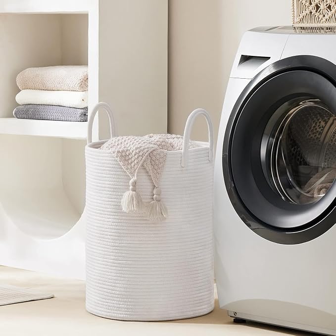 Woven Rope Laundry Hamper Basket by YOUDENOVA, 58L Tall Laundry Basket, Baby Nursery Hamper for Blanket Storage, Clothes Hamper for Laundry in Bedroom-Large-Pure White | Large Woven Laundry Hamper with Sturdy Handles, Collapsible Home Decor Laundry Bas...