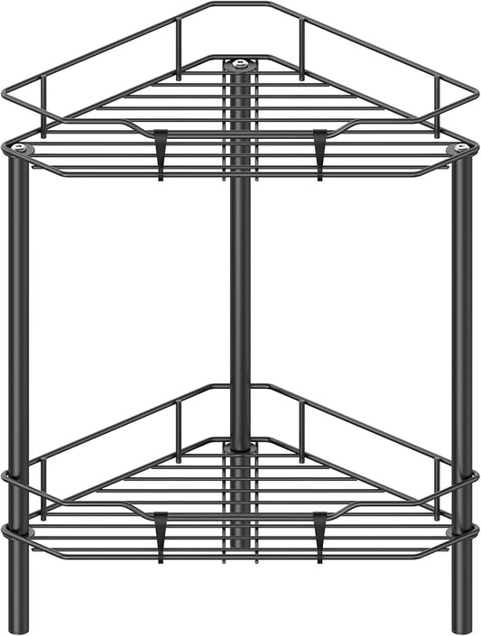 HuggieGems 2 Tier Floor Standing Corner Shower Caddy Organizer Shelf with Hooks, Bathroom Shelves Stand Rack, Black