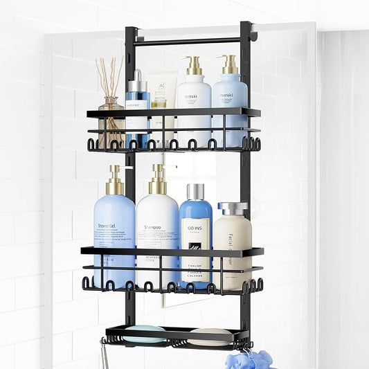 SWTYMIKI Over The Door Shower Caddy - 3 Tier Rustproof Hanging Shower Organizer with Adjustable Shelves, 28 Hooks & Soap Holder, Hanging Shower Rack Storage for Bathroom Accessories, Black