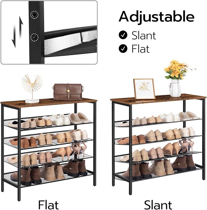 HOOBRO Shoe Rack, 5-Tier Shoe Storage Unit Flat & Slant Adjustable Shoe Organizer Shelf for 16 Pairs, Durable and Stable, for Entryway, Hallway, Closet, Dorm Room, Industrial, Rustic Brown BF01XJ01