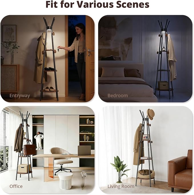 young master Freestanding Coat Rack with Light, 12 Hooks & 3 Wood Shelves, Black