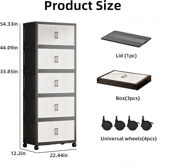 5 Tier Foldable Storage Cabinet with Top Lid, Tall Mobile PP Storage Organizer with Magnetic Doors and Wheels, Space-Saving Collapsible Organizer for Bedroom Living Room Kitchen Pantry Bathroom