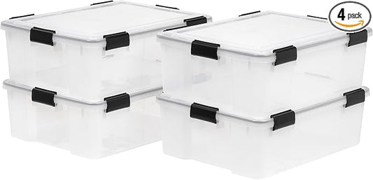 IRIS USA 4-Pack 41 Qt Storage Bins with Gasket Lids, Clear/Black | WeatherPro seal helps protect bulky items for moving, garage, attic and basement storage