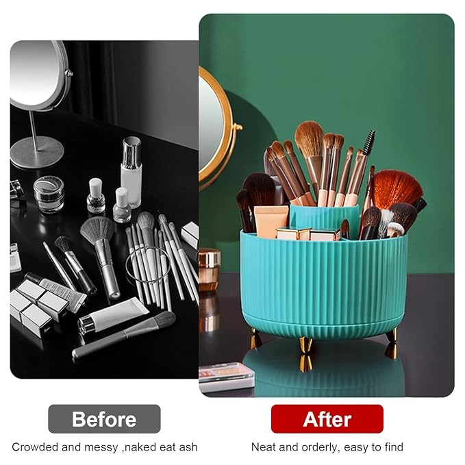 Diesisa 360 Rotating Makeup Brush Organizer With 5 Sections, Spining Countertop Swivel Makeup Brush Holder for Cosmetics, Nail Polish, Art Supply, Bathroom Vanity Desktop Organizer - Blue