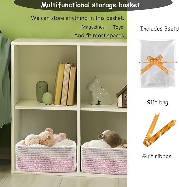 COMFY-HOMI 13" x 8.5" x 5.1" Storage Baskets for Organizing | Cotton Rope Woven Basket | Toy Storage Bin Box | Basket for Shelves, Closet Organizer Bin, Decorative Closet Shelf, 3 Pack