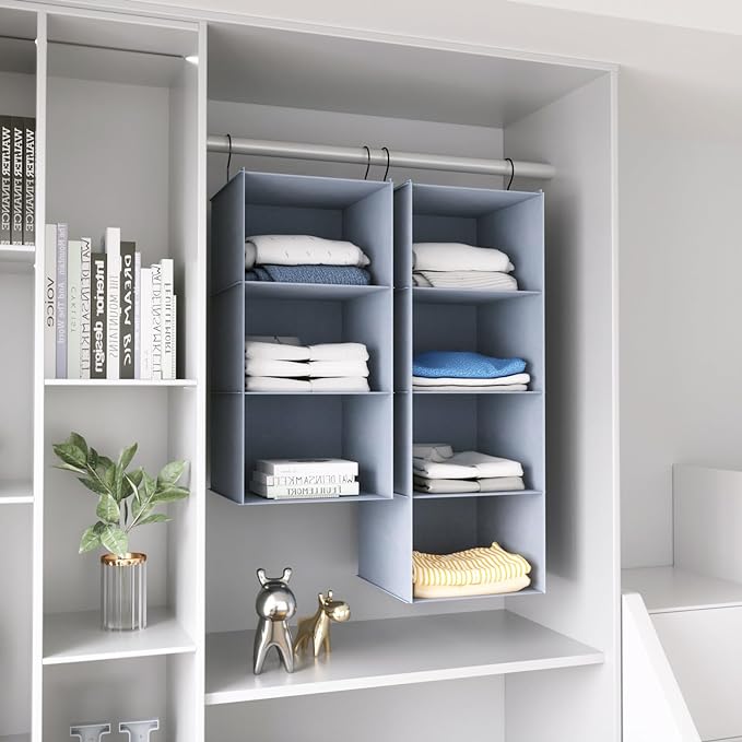 Hanging Closet Organizer 3-Shelf, Oxford Fabric Wardrobe Storage, Gray | Easy-mount foldable design holds clothes, handbags, shoes & accessories; washable Oxford fabric, sturdy and space-saving.