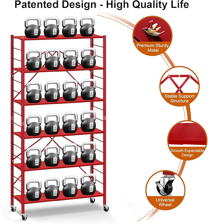Himix 6-Tier Expandable Storage Shelves Wheels Foldable Shelf Garage Red | Folding shelving units, Metal collapsible organization, Changeable into 2 shelf units, Adjustable, Basement, Holds 3600 Ibs